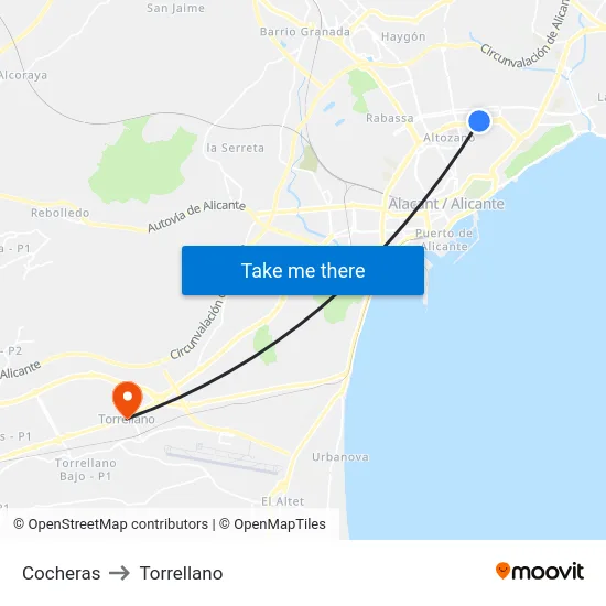 Cocheras to Torrellano map