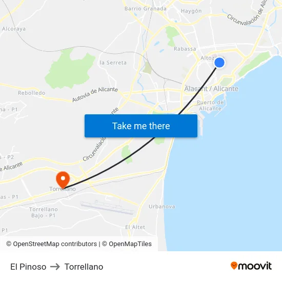 El Pinoso to Torrellano map