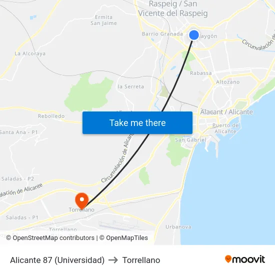 Alicante 87 (Universidad) to Torrellano map