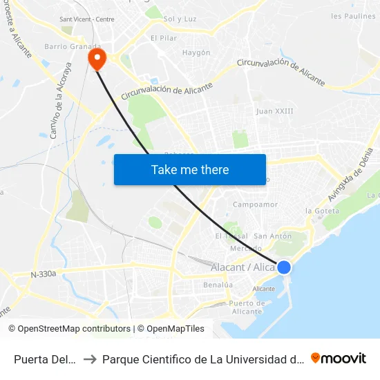 Puerta Del Mar to Parque Cientifico de La Universidad de Alicante map