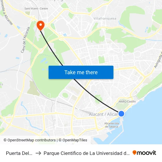 Puerta Del Mar to Parque Cientifico de La Universidad de Alicante map