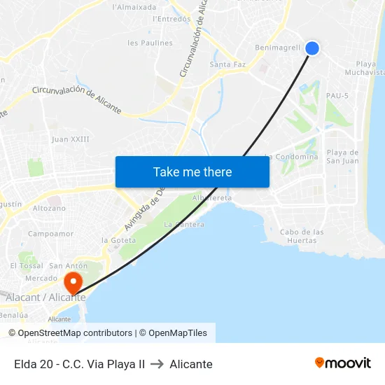 Elda 20 - C.C. Via Playa II to Alicante map