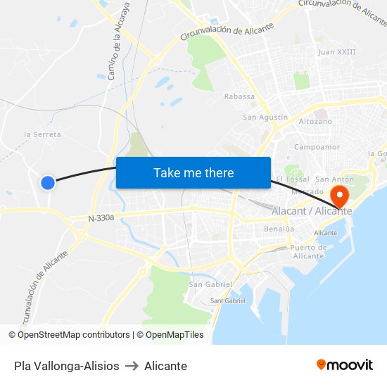 Pla Vallonga-Alisios to Alicante map