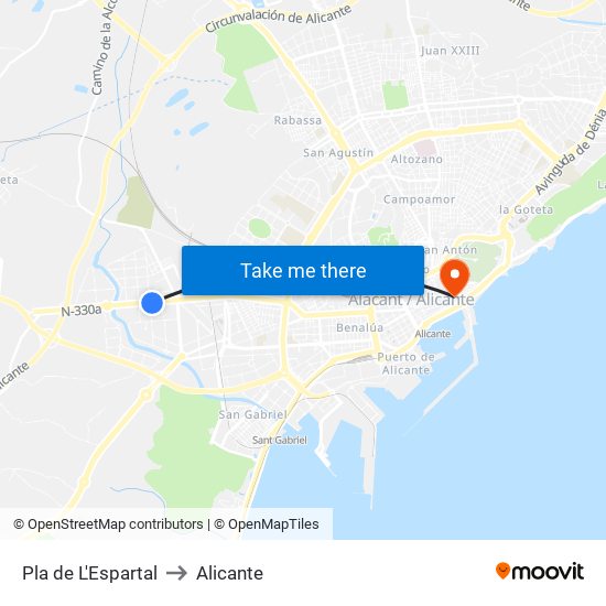Pla de L'Espartal to Alicante map