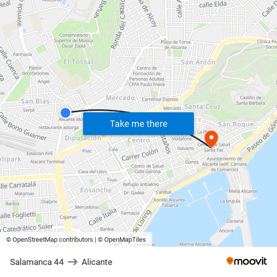 Salamanca 44 to Alicante map