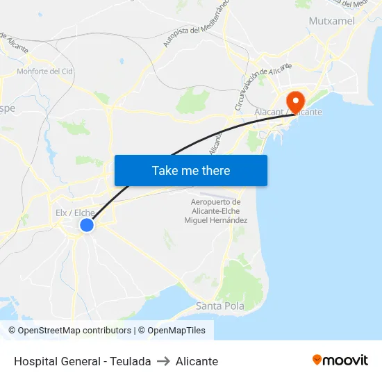 Hospital General - Teulada to Alicante map