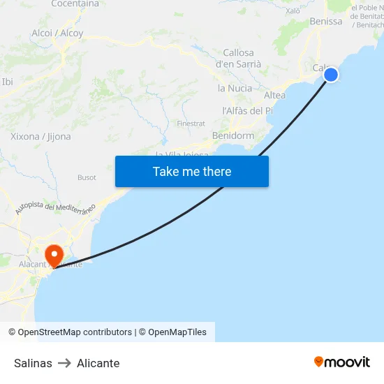Salinas to Alicante map