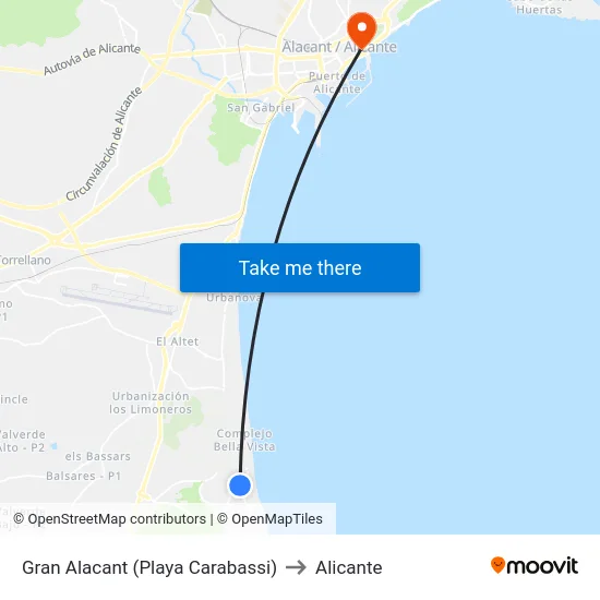 Gran Alacant (Playa Carabassi) to Alicante map