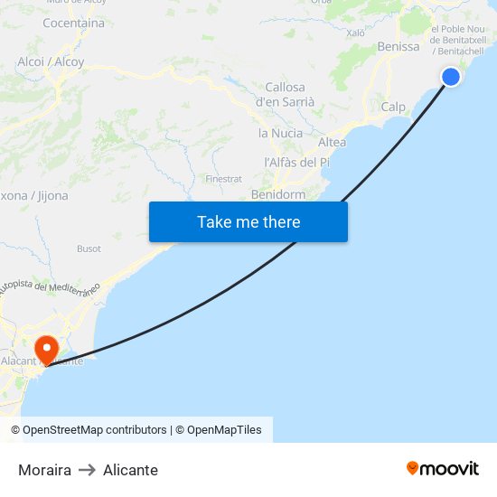 Moraira to Alicante map