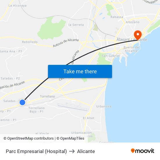 Parc Empresarial (Hospital) to Alicante map