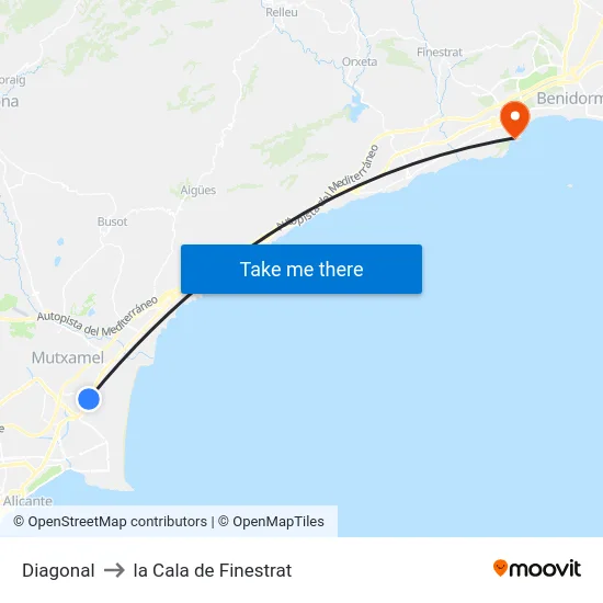 Diagonal to la Cala de Finestrat map