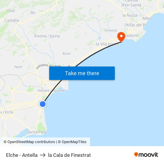 Elche - Antella to la Cala de Finestrat map