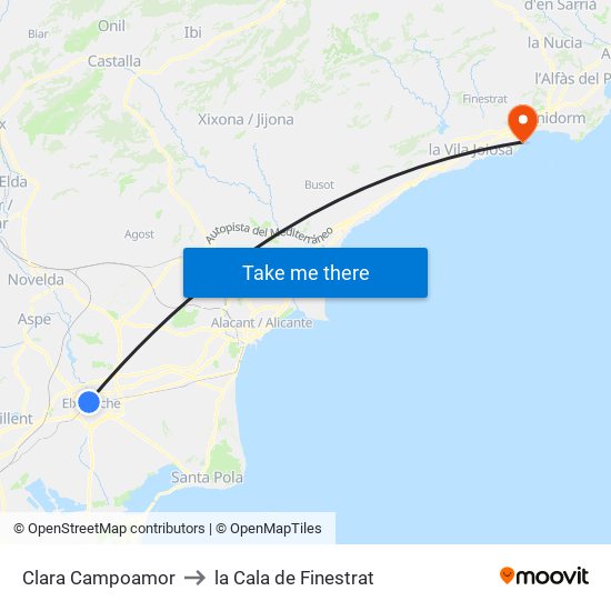 Clara Campoamor to la Cala de Finestrat map