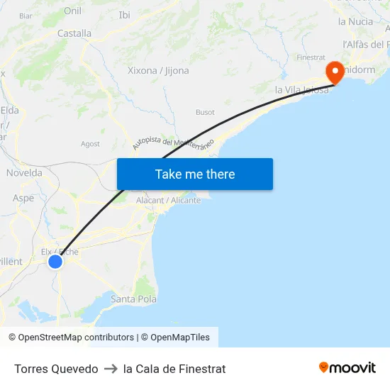 Torres Quevedo to la Cala de Finestrat map