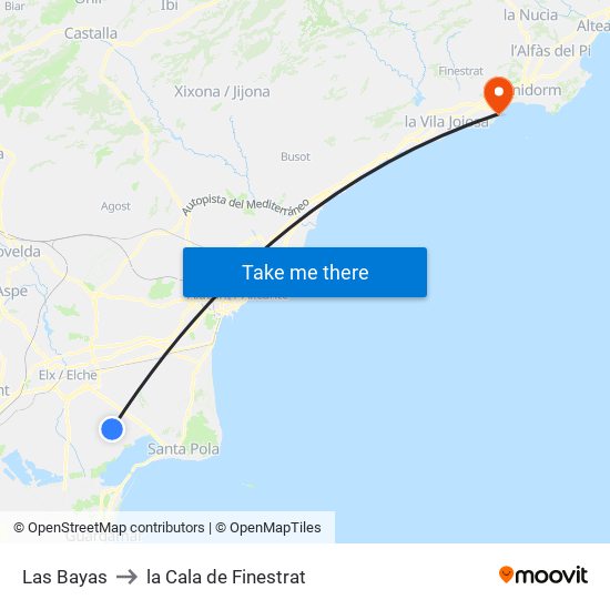 Las Bayas to la Cala de Finestrat map