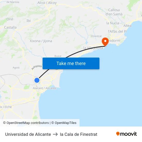 Universidad de Alicante to la Cala de Finestrat map