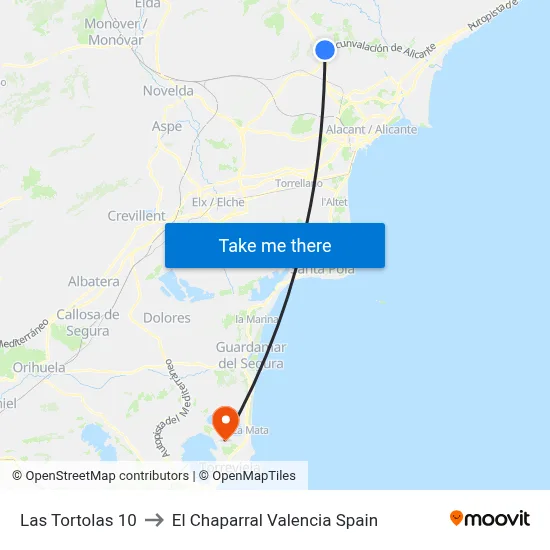 Las Tortolas 10 to El Chaparral Valencia Spain map