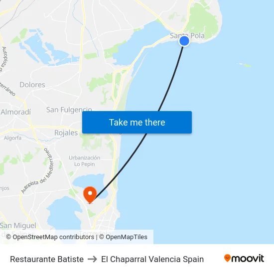Restaurante Batiste to El Chaparral Valencia Spain map