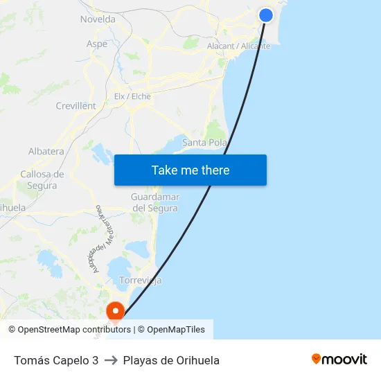 Tomás Capelo 3 to Playas de Orihuela map