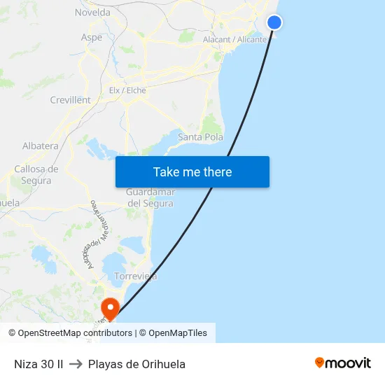 Niza 30 II to Playas de Orihuela map