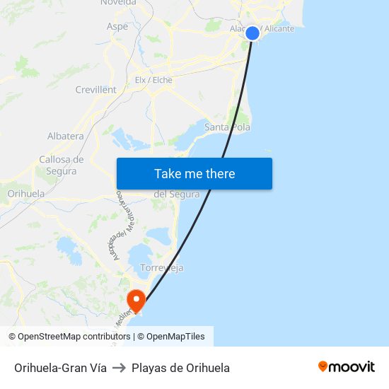 Orihuela-Gran Vía to Playas de Orihuela map