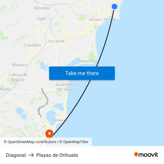 Diagonal to Playas de Orihuela map