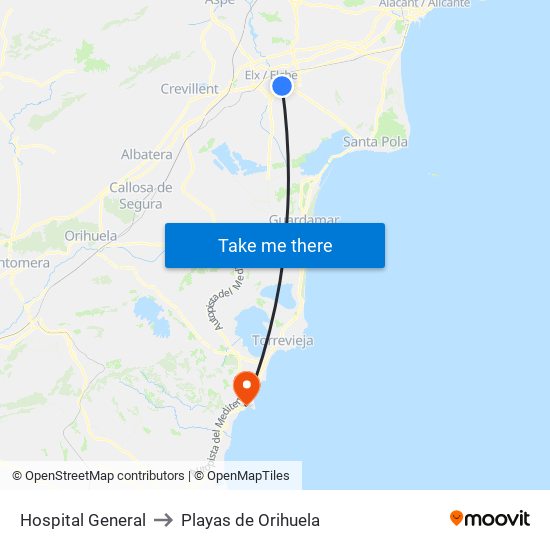 Hospital General to Playas de Orihuela map