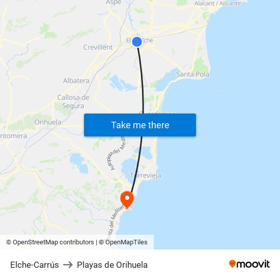 Elche-Carrús to Playas de Orihuela map