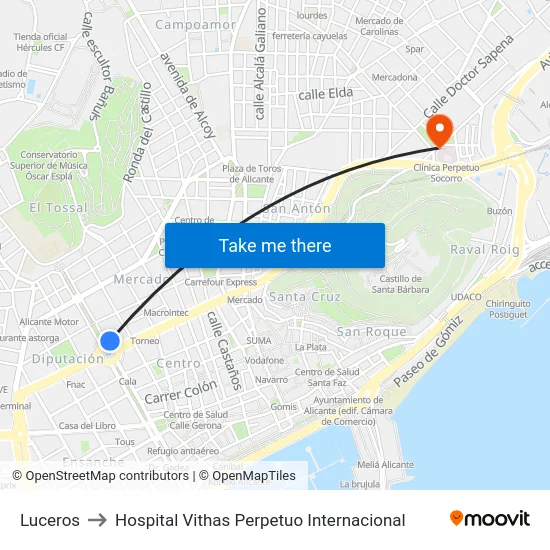 Luceros to Hospital Vithas Perpetuo Internacional map