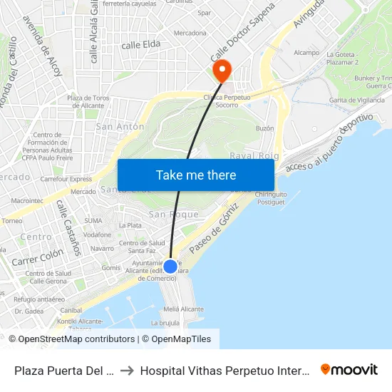 Plaza Puerta Del Mar I to Hospital Vithas Perpetuo Internacional map