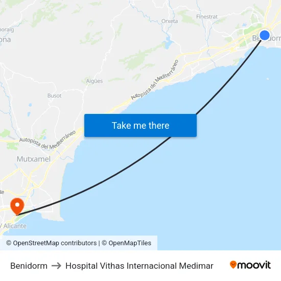 Benidorm to Hospital Vithas Internacional Medimar map