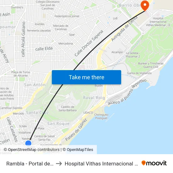 Rambla - Portal de Elche to Hospital Vithas Internacional Medimar map