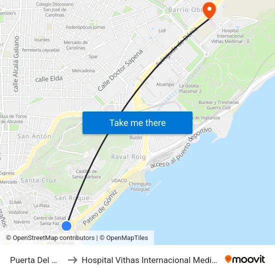 Puerta Del Mar to Hospital Vithas Internacional Medimar map