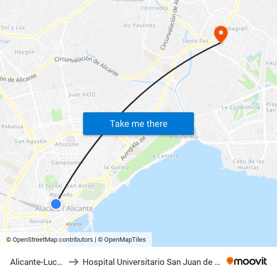 Alicante-Luceros to Hospital Universitario San Juan de Alicante map
