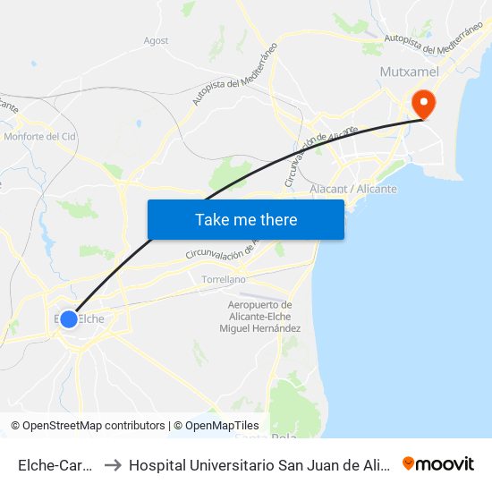 Elche-Carrús to Hospital Universitario San Juan de Alicante map