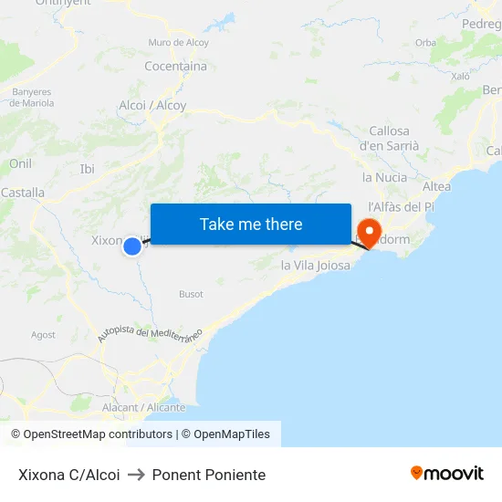 Xixona C/Alcoi to Ponent Poniente map