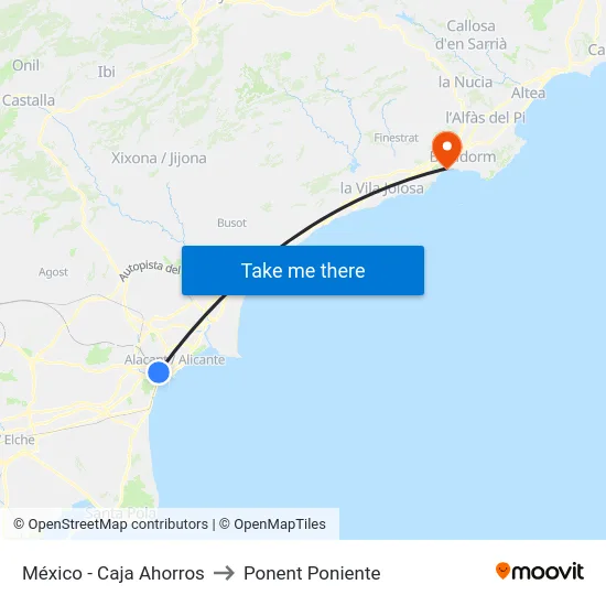México - Caja Ahorros to Ponent Poniente map