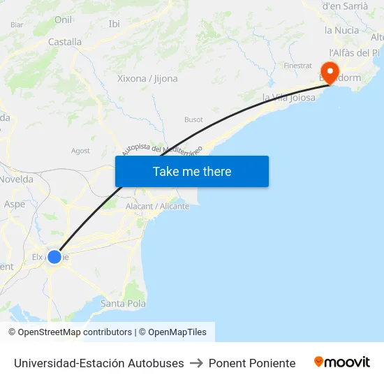 Universidad-Estación Autobuses to Ponent Poniente map