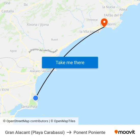 Gran Alacant (Playa Carabassi) to Ponent Poniente map