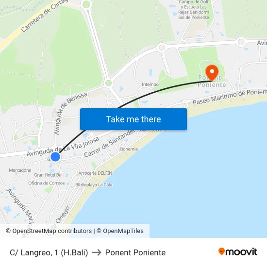 C/ Langreo, 1 (H.Bali) to Ponent Poniente map