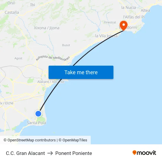 C.C. Gran Alacant to Ponent Poniente map
