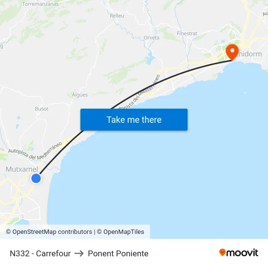 N332 - Carrefour to Ponent Poniente map
