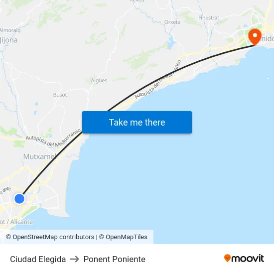 Ciudad Elegida to Ponent Poniente map