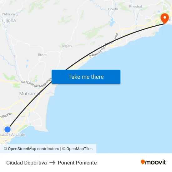 Ciudad Deportiva to Ponent Poniente map