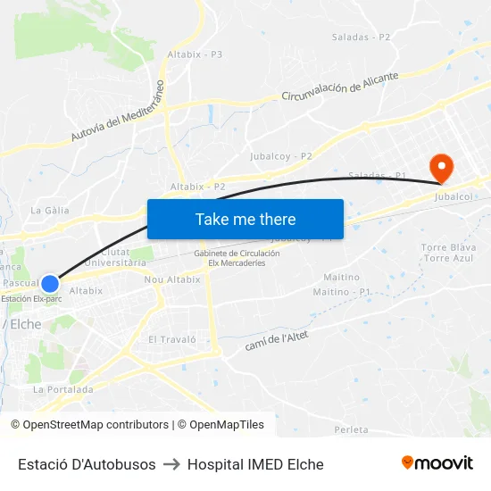 Estació D'Autobusos to Hospital IMED Elche map