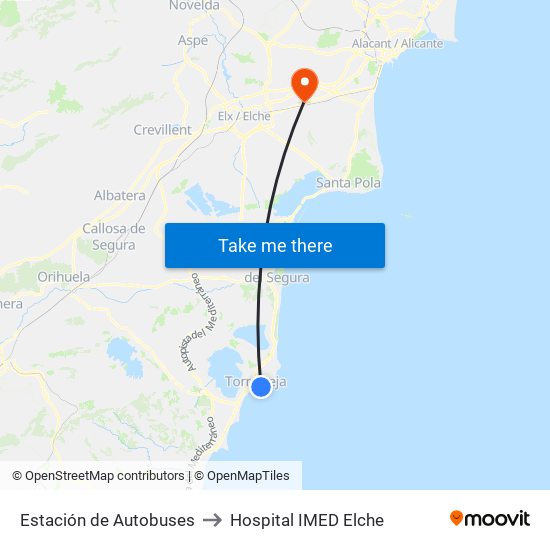 Estación de Autobuses to Hospital IMED Elche map