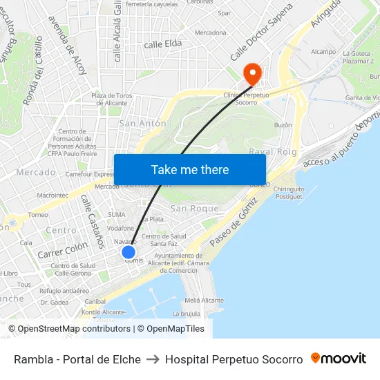 Rambla - Portal de Elche to Hospital Perpetuo Socorro map