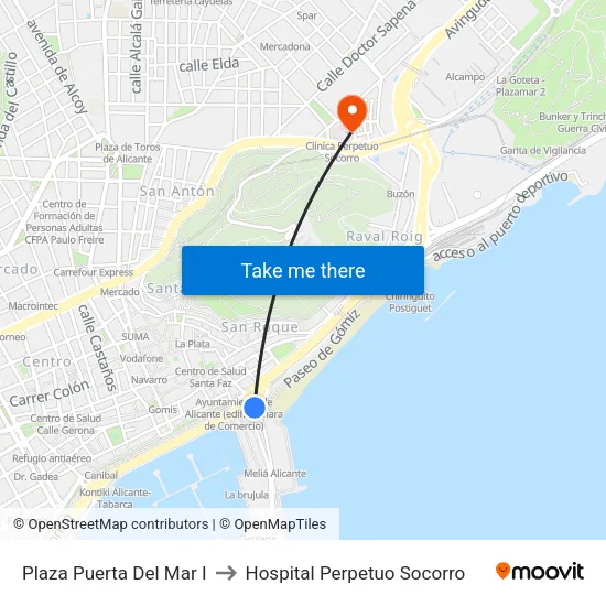 Plaza Puerta Del Mar I to Hospital Perpetuo Socorro map