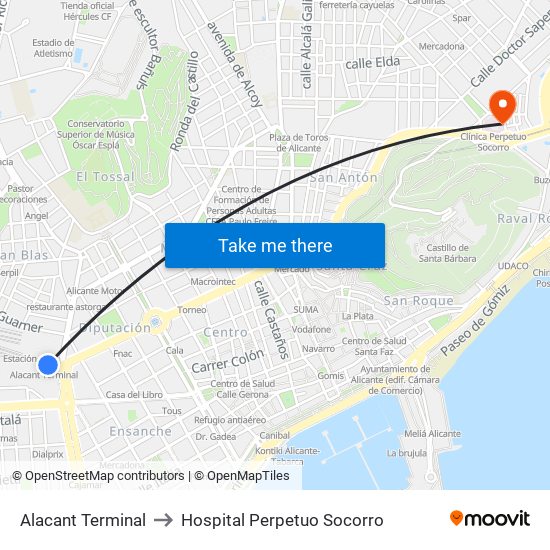 Alacant Terminal to Hospital Perpetuo Socorro map