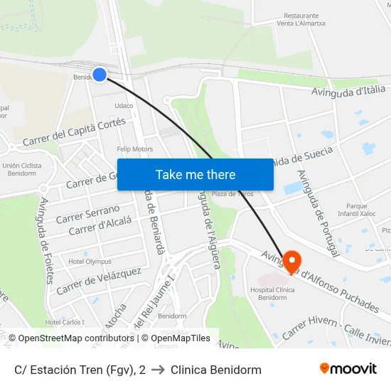 C/ Estación Tren (Fgv), 2 to Clinica Benidorm map